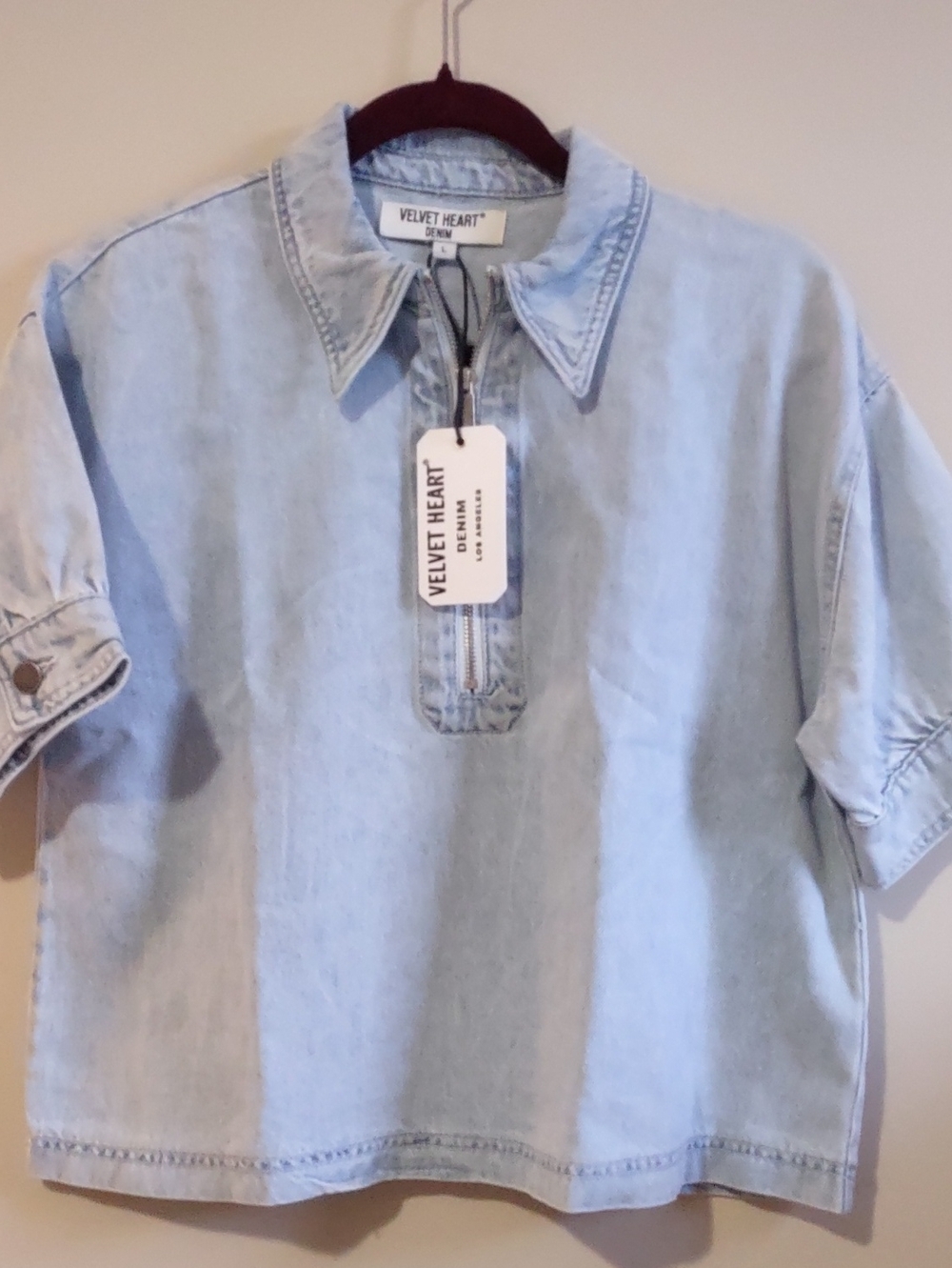 NWTS* Velvet Heart* Denim 1/4 Zip Short Sleeve Pullover Shirt Large